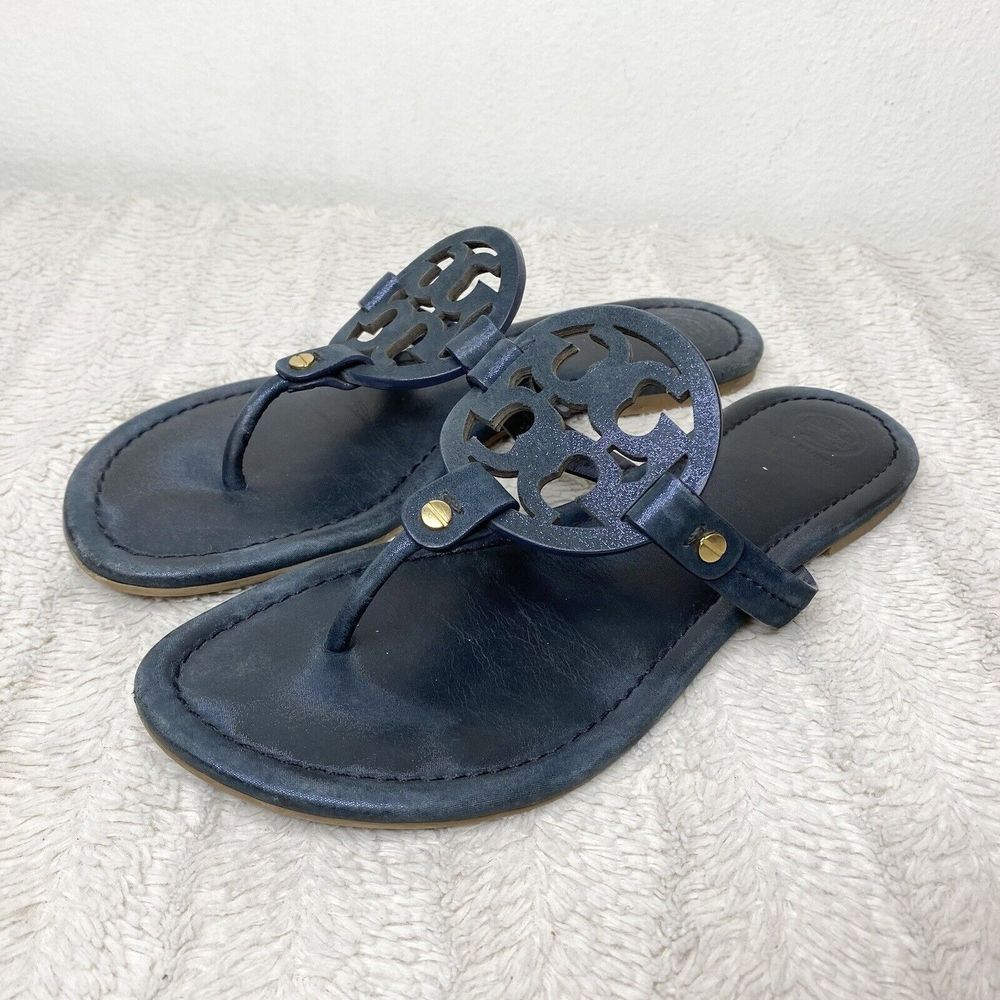 Tory Burch Logo Miller Thong Sandals In Black Size 10 Leather